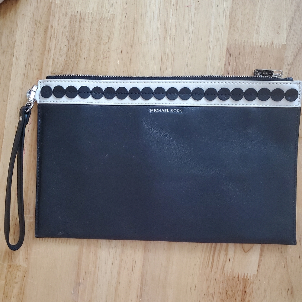 Michael Kors ANALISE LARGE ZIP CLUTCH Black White Trim